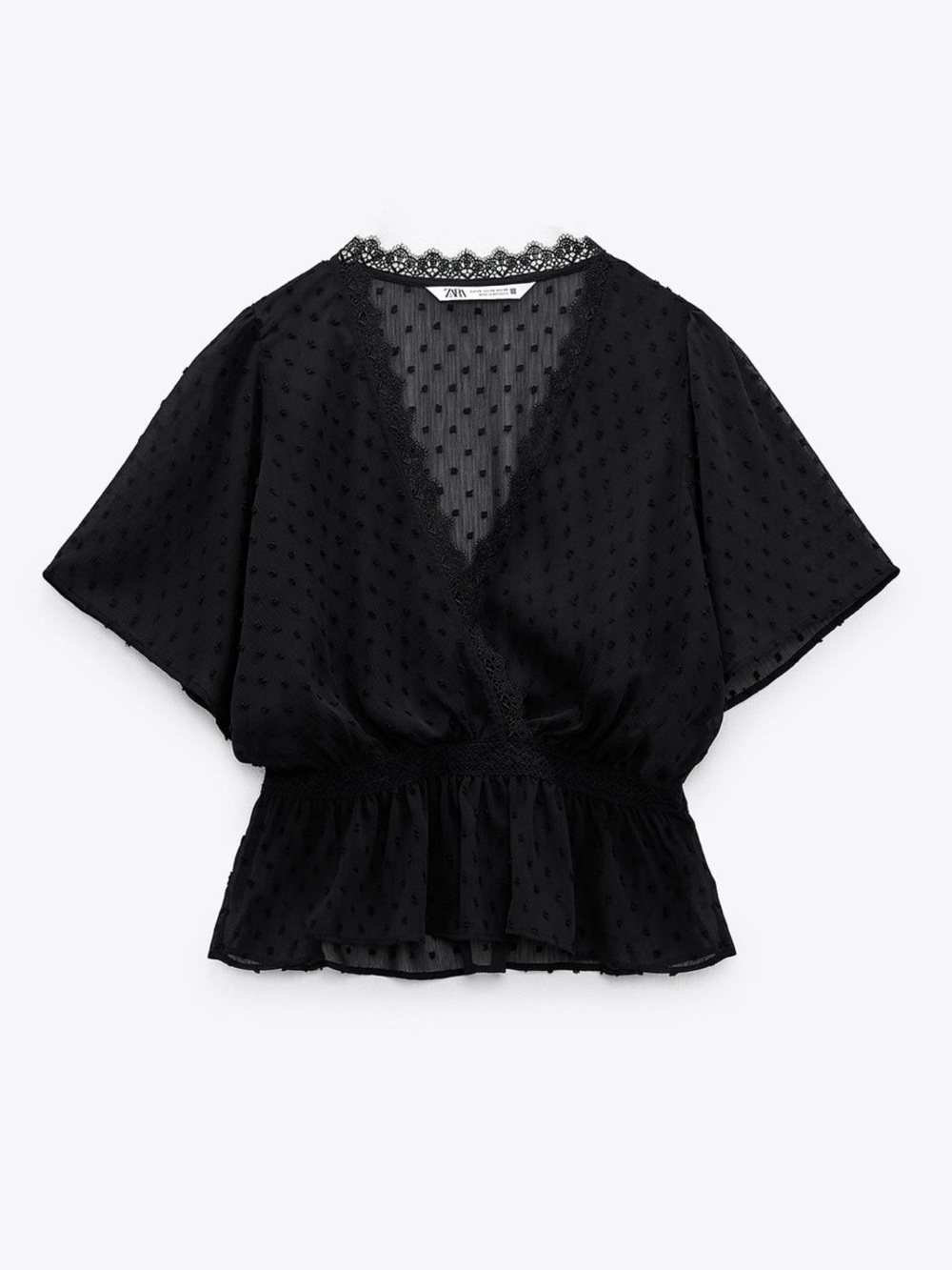NWT Zara | Black Sheer Dot Wrap Blouse with Lace Trim size large